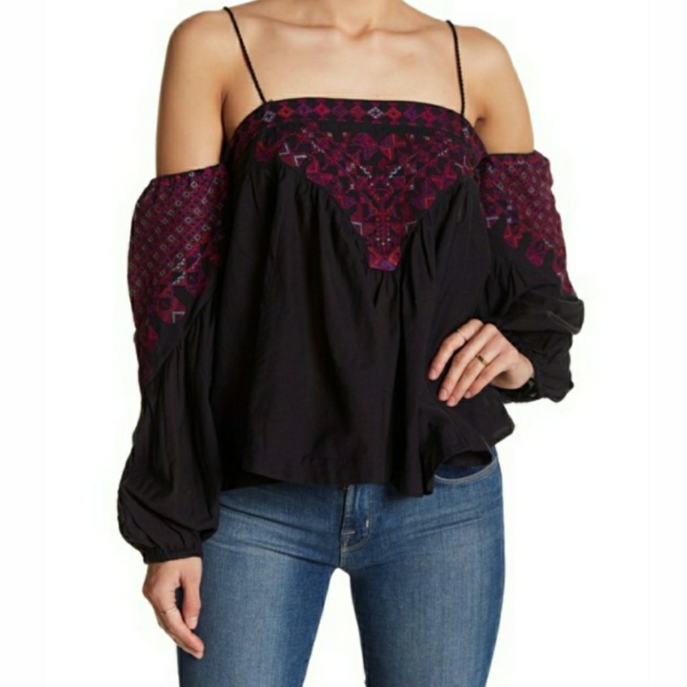 🆕️Free People Embroidery Accent Cold Shoulder Black Top
